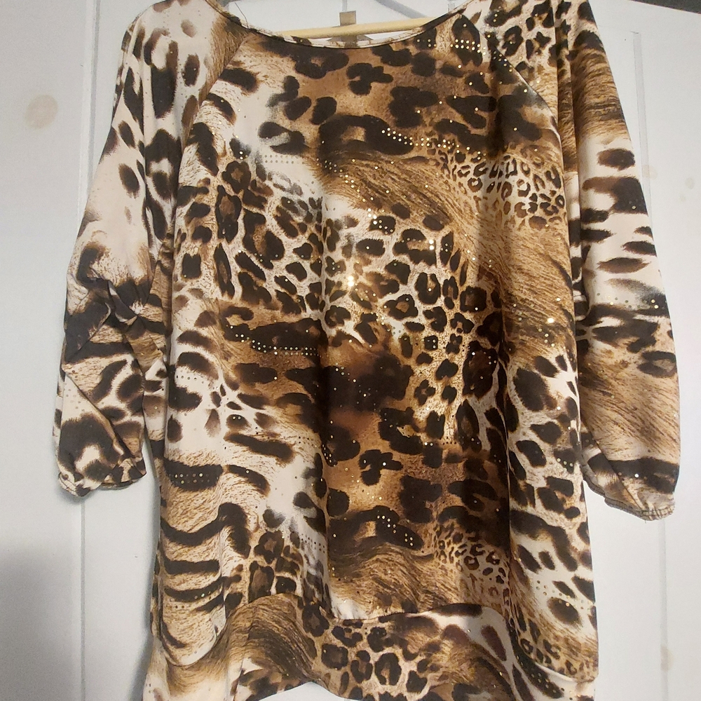 dressbarn Brown and Cream Leopard Print Tunic with Metallic Studs